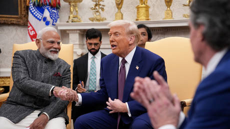 US President Donald Trump and Indian Prime Minister Narendra Modi meet in the Oval Office at the White House on February 13, 2025 in Washington, DC.