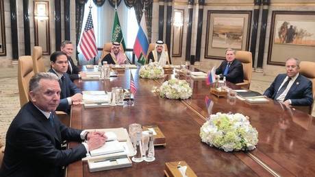 Russian Foreign Minister Sergey Lavrov and Russian President Vladimir Putin's Foreign Policy Advisor Yuri Ushakov attend a meeting between Russia and the United States, in Riyadh, Saudi Arabia, on February 18, 2025. © RIA Novosti