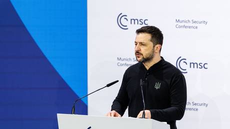 Ukrainian leader Vladimir Zelensky at the Munich Security Conference, Munich, Germany, February 15, 2025.