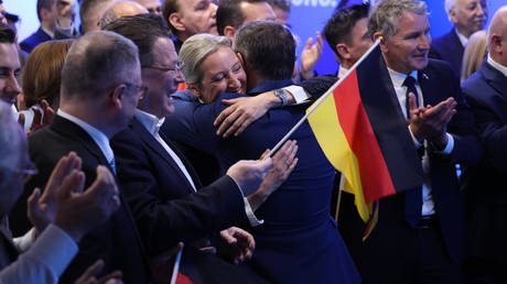 AfD co-leaders Alice Weidel and Tino Chrupalla at party headquarters during parliamentary elections, Berlin, Germany, February 23, 2025.