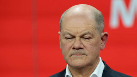 German Chancellor Olaf Scholz at SPD headquarters during parliamentary elections, Berlin, February 23, 2025.