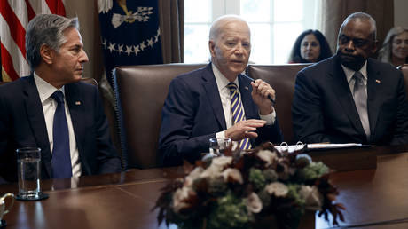 US President Joe Biden, Secretary of State Antony Blinken (L), Defense Secretary Lloyd Austin (R) at the White House, Washington, DC. September 2024.