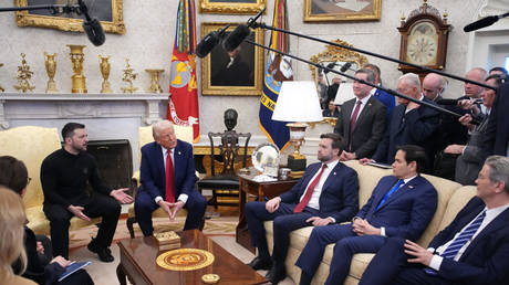 US President Donald Trump and Vice President JD Vance meet with Ukrainian leader Vladimir Zelensky in the Oval Office, Washington, DC, February 28, 2025.