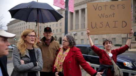 Ambassador Samantha Power, former head of the United States Agency for International Development (USAID), shows her support for fired employees and their supporters outside the agency's headquarters as former workers came to collect their personal belongings on February 27, 2025 in Washington, DC.