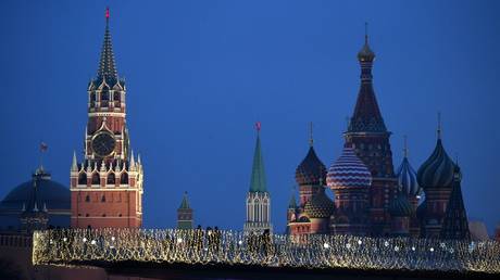 A view of Spasskaya Tower of Moscow's Kremlin and St.Basil's Cathedral from Zaryadye Park, in Moscow.