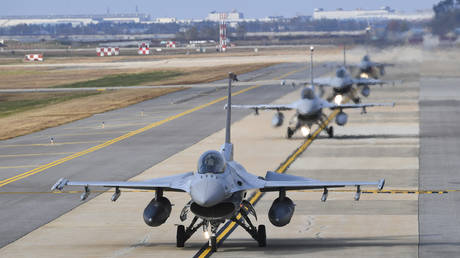 FILE PHOTO:  South Korean Air Force KF-16 fighter jets are seen on the runway.