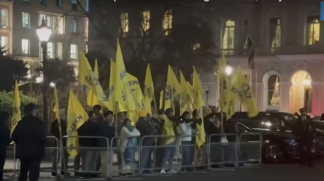 Screengrab from a video showing pro-Khalistan activists protesting in front of Chatham House in London, UK, on March 5, 2025.