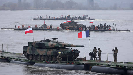 FILE PHOTO: A Polish Leopard 2PL main battle tank arrives on a French military ferry during a military exercise.