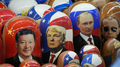  Traditional Russian wooden dolls called Matryoshka depicting China's President Xi Jinping, US President Donald Trump and Russian President Vladimir Putin.