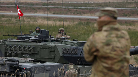 A Danish Leopard 2 main battle tank during a military competition on February 11, 2025 at Grafenwoehr, Germany.