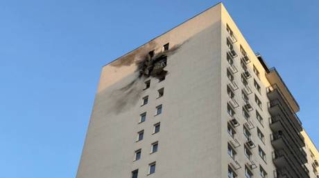 An apartment block hit by a Ukrainian drone in the town of Vidnoye in Moscow Region.