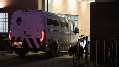 A prison transport vehicle carrying former Philippines President Rodrigo Duterte arrives at The Hague Penitentiary Institution.