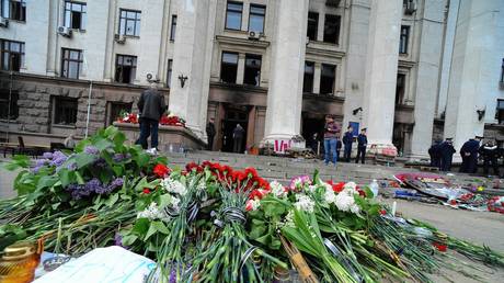 FILE PHOTO: Police stand guard outside the Trade Union building Odessa.