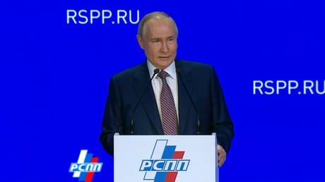 President Vladimir Putin at the XXXIV RSPP congress in Moscow on March 18, 2025.