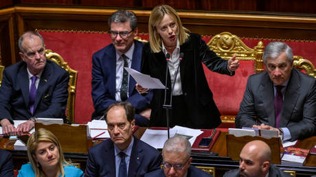 Italian Prime Minister Giorgia Meloni addresses the Senate on March 18, 2025 in Rome, Italy.