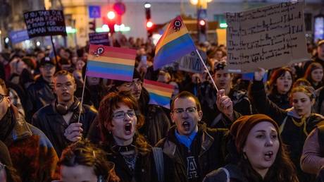 Pro-LGBTQ demonstrators protest in Budapest on March 18, 2025.