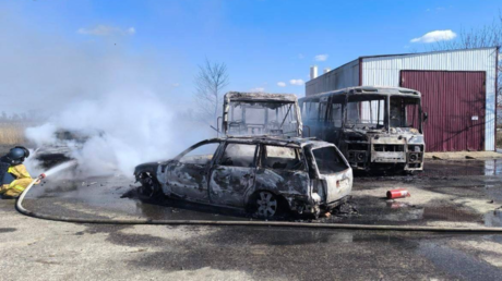 Vehicles damaged in a Ukrainian drone strike in Belgorod Region, Russia, March 21, 2025.