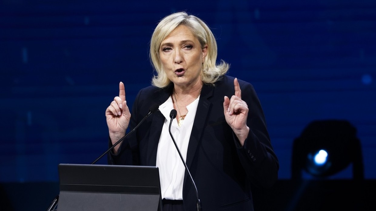 FILE PHOTO: Marine Le Pen, leader of the French party National Rally, speaks during a ‘Patriots for Europe’ rally in Spain in February 2025.