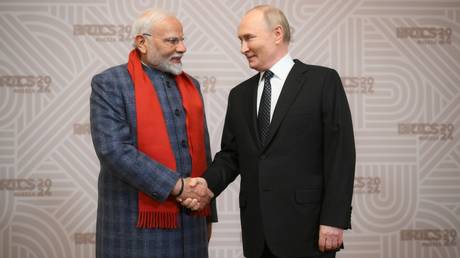 FILE PHOTO: Prime Minister of India Narendra Modi and President of Russia Vladimir Putin at the ceremony held to welcome the heads of BRICS delegations by Russian President Vladimir Putin as part of the 16th BRICS summit in Kazan.