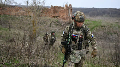 Servicemen of the Russian Pacific Fleet's 155th Guards Naval Infantry Brigade with the Sever (North) Group of Forces take part in a combat training amid Russia's military operation in Ukraine, in Kursk region, Russia.