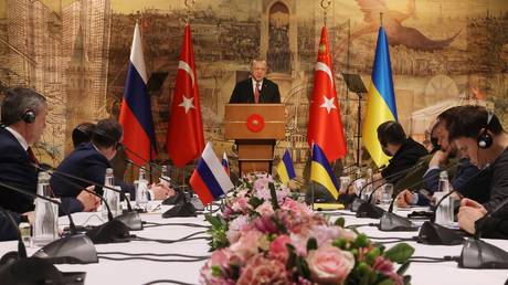 FILE PHOTO: Turkish President Recep Tayyip Erdogan speaks during the Russian-Ukrainian talks at the Dolmabahce Palace, in Istanbul, Turkey.