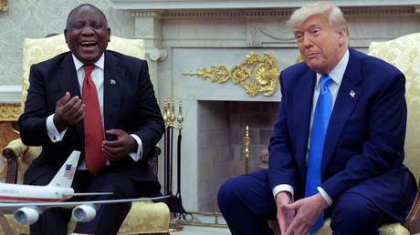 US President Donald Trump and South African President Cyril Ramaphosa during a press availability in the Oval Office at the White House, Washington, DC, May 21, 2025.
