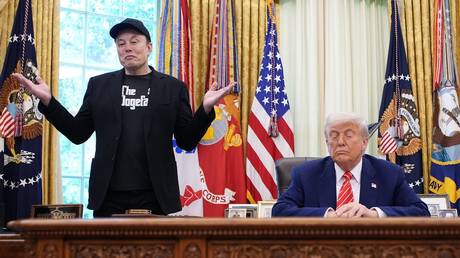 US President Donald Trump and Elon Musk, May 30, 2025, at the White House in Washington, DC.