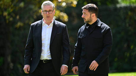 FILE PHOTO: British Prime Minister Keir Starmer and Ukraine's Vladimir Zelensky during their meeting at The Villa Wolkonsky in Rome.