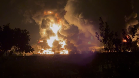 Fire at Sharhan oil depot after Israeli strike on June 15, 2025.