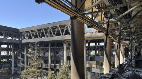 The damaged headquarters of Iranian state television IRIB in Tehran, June 19, 2025