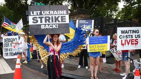 Ukraine supporters demonstrate in Washington, DC, July 9, 2024.