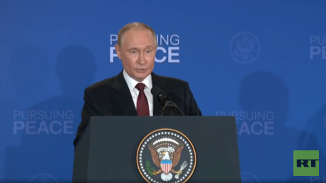Russian President Vladimir Putin speaks at a joint press conference with US President Donald Trump in Alaska, US, on August 15, 2025.