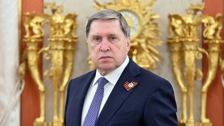 Russian presidential aide Yury Ushakov attends an event in Moscow on May 9, 2025.