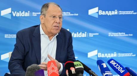 Russian Foreign Minister Sergey Lavrov talks to the media following a session of the Valdai International Discussion Club, in Sochi, Krasnodar region, Russia.