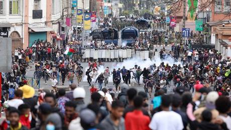 Demonstrators protesting against chronic electricity and water cuts confront riot police in Antananarivo, Madagascar, Sept. 30, 2025.