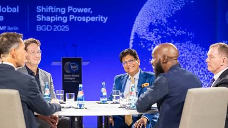 Indian Commerce Minister Piyush Goyal speaking at the Berlin Global Dialogue on October 24, 2025.