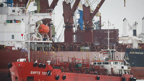 The Oil / Chemical Tanker Birthe Theresi sails along the Sea Canal of the Big Port on Kanonersky Island, February 12, 2025, St. Petersburg, Russia.