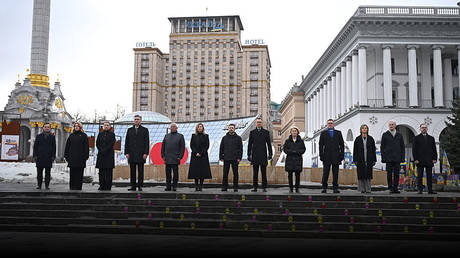 Vladimir Zelensky poses with European leaders in Kiev, Ukraine, February 24, 2026