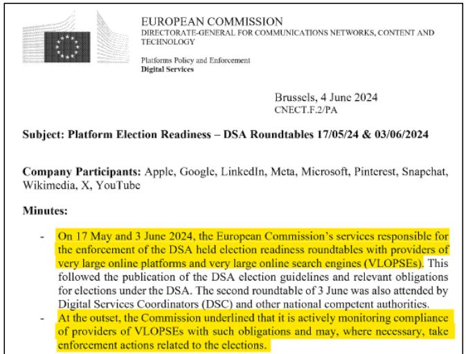 A European Commission memo released by the House Judiciary Committee threatens social media platforms with 'enforcement actions' if they violate its election guidelines
