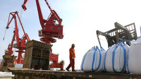Dock workers unload fertilizer from a cargo ship at the port of Lianyungang, China, February 27, 2024