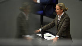 AfD party co-chair Alice Weidel stands at the podium as she addresses the German parliament on March 18, 2026, in Berlin.