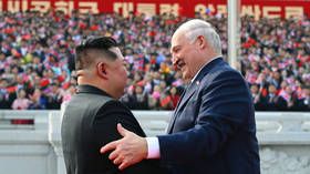 Belarusian President Alexander Lukashenko shakes hands with DPRK leader Kim Jong-un during an official event in Pyongyang, North Korea, March 25, 2026.