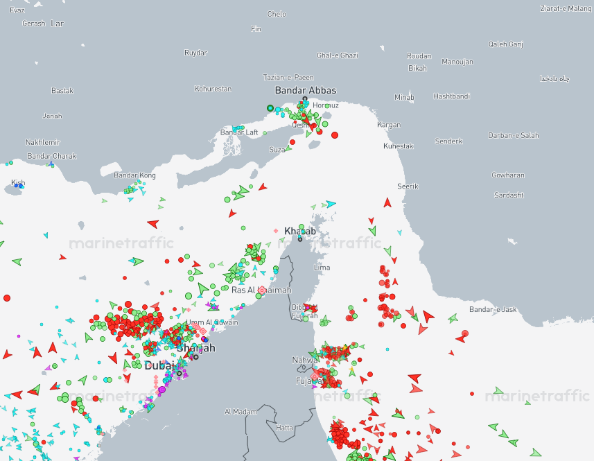 A MarineTraffic map shows shipping backed up on either side of the Strait of Hormuz, April 3, 2026
