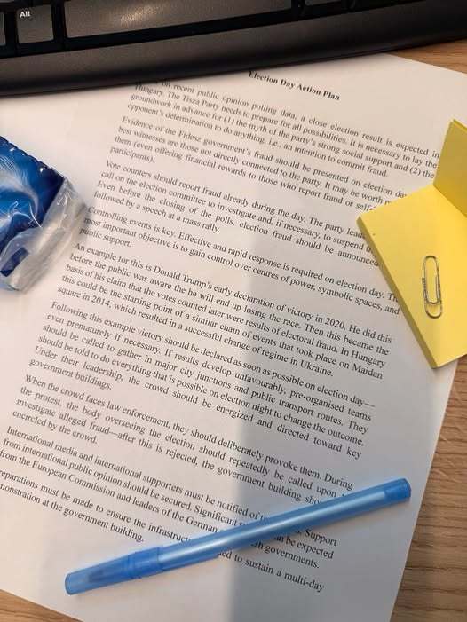 A document purportedly outlining an election-day strategy for Peter Magyar's Tisza party, shared by Balazs Csercsa, April 12, 2026