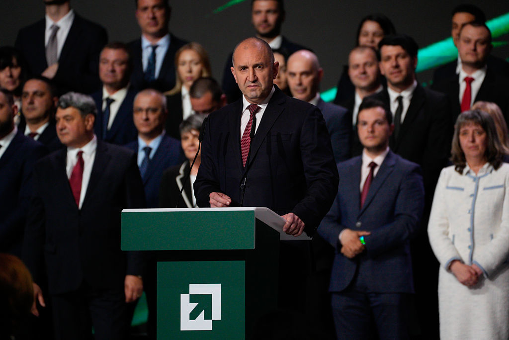 Opposition leader and former president Rumen Radev speaks at a campaign rally ahead of the Bulgarian election in Sofia, Bulgaria, April 16, 2026
