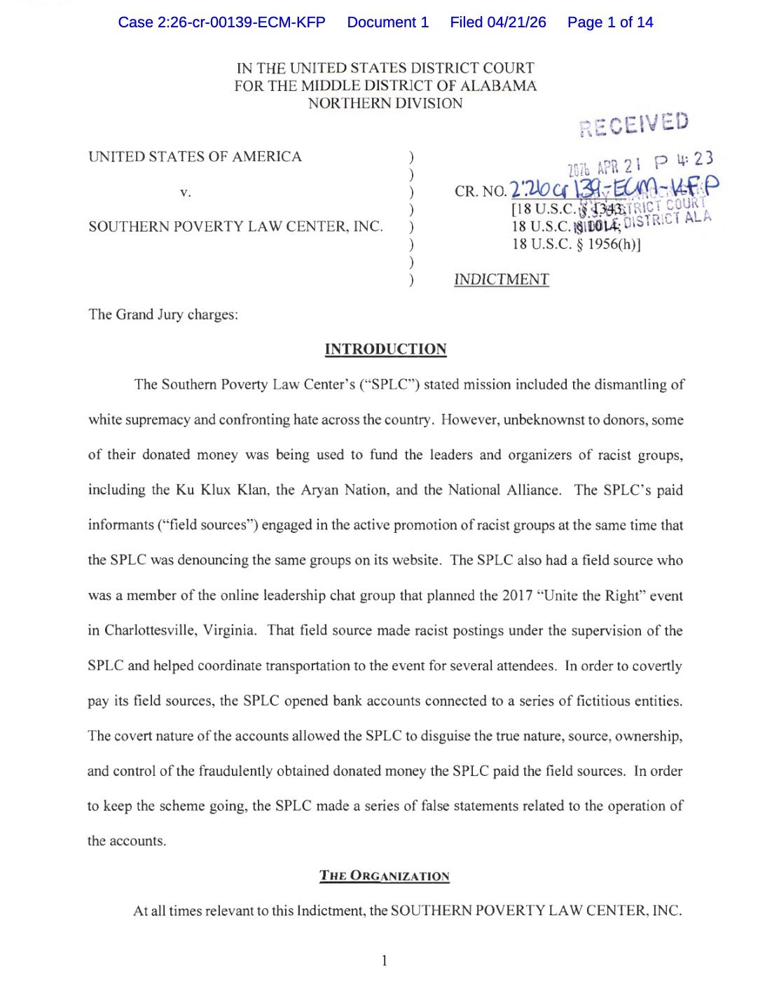 A US Justice Department indictment against the Southern Poverty Law Center, released April 21, 2026