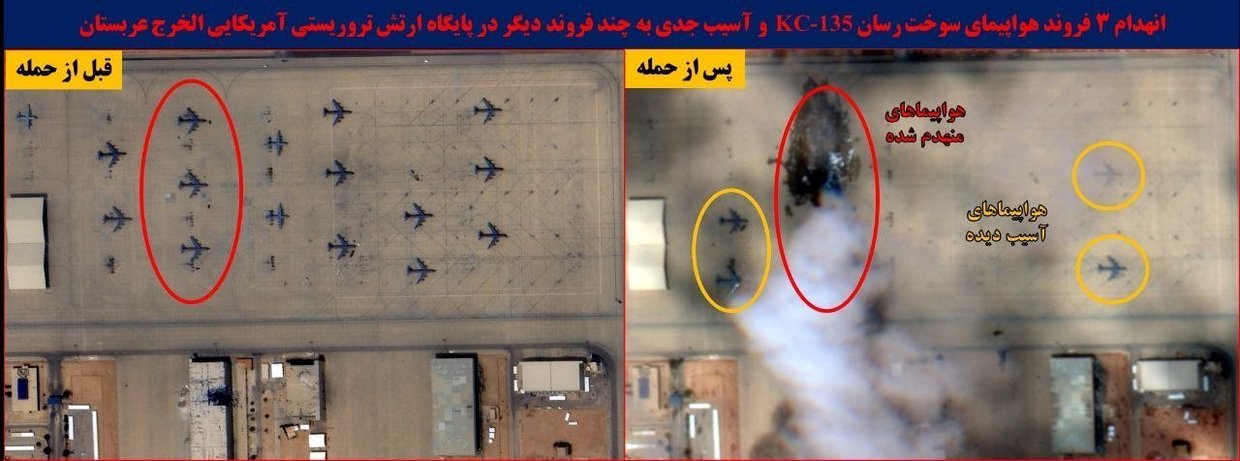 Satellite footage released by Iranian media shows destroyed KC-135 tanker aircraft at Prince Sultan Air Base in Saudi Arabia
