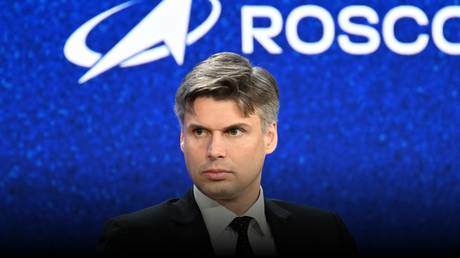 Roscosmos chief Dmitry Bakanov speaks at the Russian Space Forum in Moscow, on April 9, 2026.