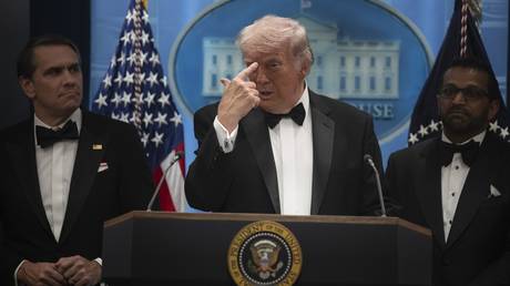 US President Donald Trump holds a press conference after a shooting at the White House Correspondents' Dinner, April 25, 2026.