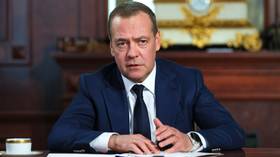 Russian Security Council Deputy Chair Dmitry Medvedev during an interview with TASS, Reuters, and the WarGonzo project in Moscow.